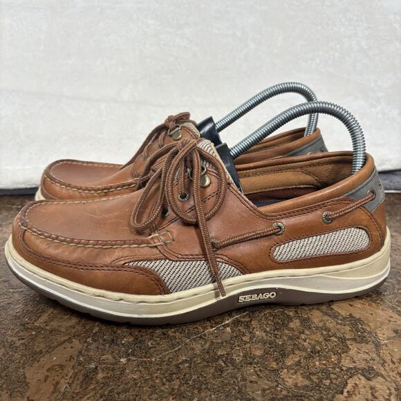 Sebago Brown Leather Boat Shoes Lace Up Comfort Deck Loafers Mens 8.5 WW main image 8